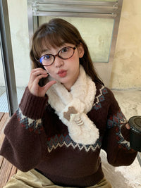 Japanese Style Plush Cat Scarf for Women, Warm and Versatile Short Cross Scarf