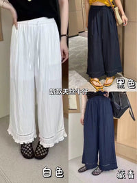 Women's Tencel Linen Cotton Blend Wide-Leg Pants with Ruffle Trim