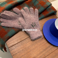 Embroidered Smiley Face Rabbit Hair Gloves for Women, Thickened Warm Winter Cycling Windproof