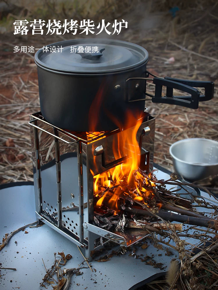 Outdoor Stainless Steel Square Firewood Stove BBQ Grill Picnic Stove Mini Charcoal Stove Folding Grill