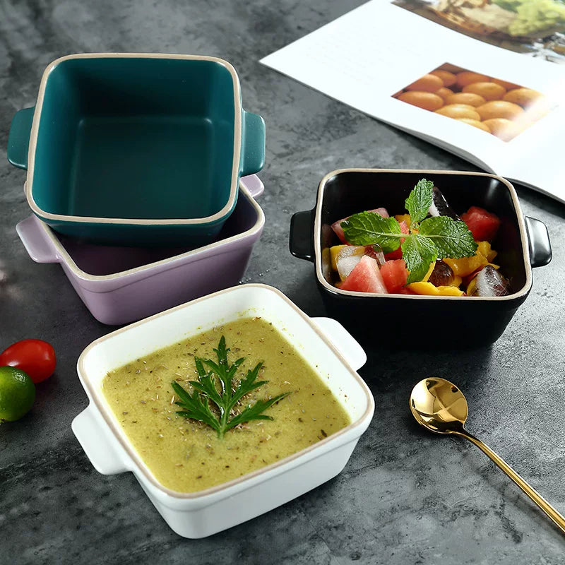 Nordic Simple Square Ceramic Baking Dish with Handles for Gratin, Pasta, and Salad