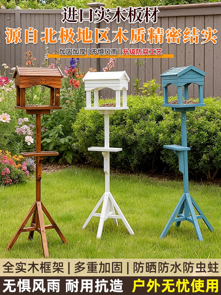 Outdoor Wooden Bird Feeder with Rainproof Roof for Garden and Yard, Parrot Birdhouse