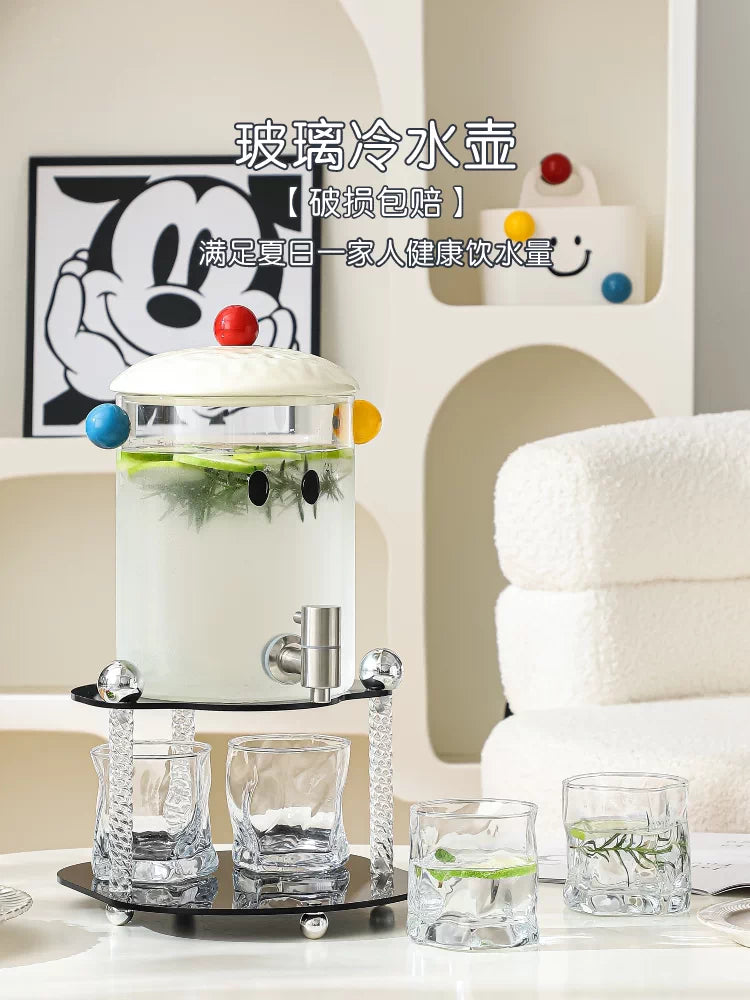 Glass Cold Water Pitcher with Faucet, High Temperature Resistant Large Capacity Fruit Tea Beverage Dispenser Set for Home Use