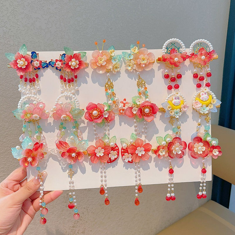 Girls' Chinese Style Hanfu Hair Clips with Tassels and Glazed Ornaments