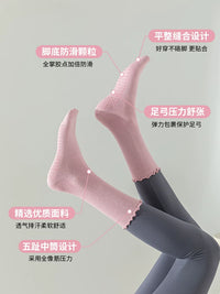 GBAF Lace Non-Slip Yoga Pilates Socks for Women, Mid-Calf Pure Cotton Fitness Socks