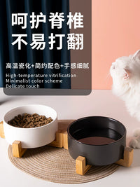 Ceramic Pet Bowl with Wooden Stand for Cats and Small Dogs, Elevated Food and Water Dish, Anti-Tip, Neck Protection