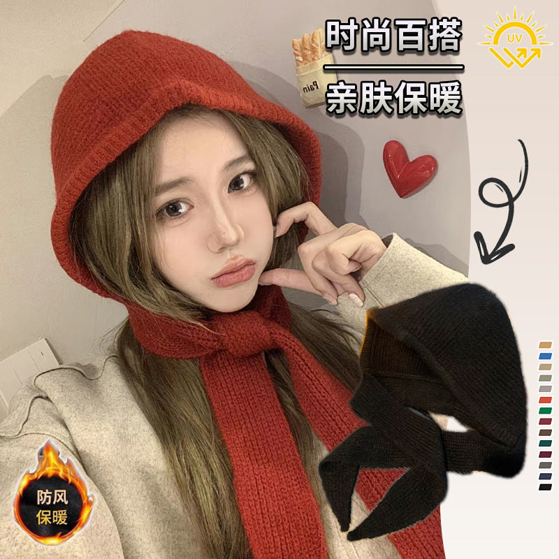 Women's Knitted Scarf-Hat Combo, Thickened Warm Neck Protection Shawl for Autumn/Winter