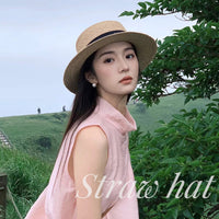 French Flat Top Straw Hat for Women - Summer Sun Protection Beach Vacation Fedora