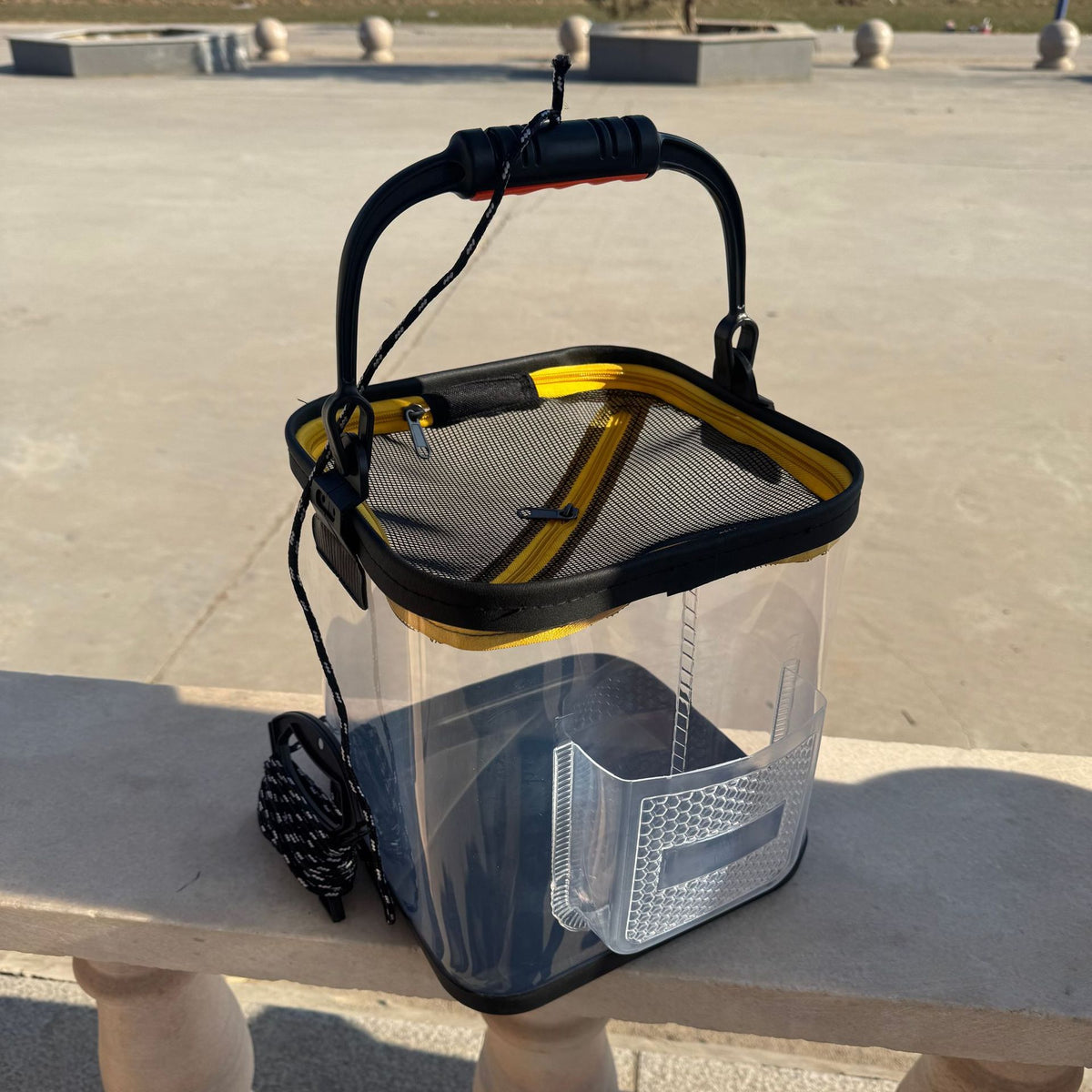 Portable Collapsible Fishing Bucket with Hard Bottom and Side Pocket