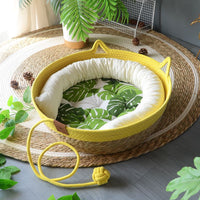 Handwoven Wicker Cat Bed with Scratching Board, All-Season Warmth, Detachable and Washable