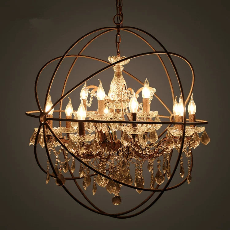 Industrial Globe Chandelier with Crystal Accents for Bar, Cafe, or Living Room