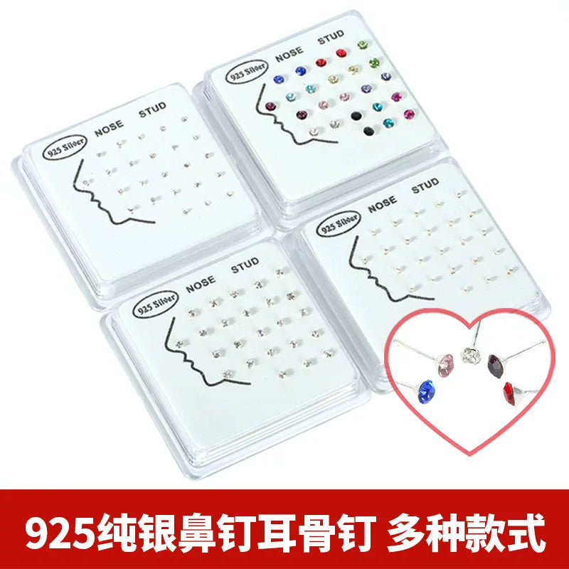 925 Sterling Silver Tiny Nose Studs and Tragus Earrings with Clear Round Zirconia, 24-Piece Set