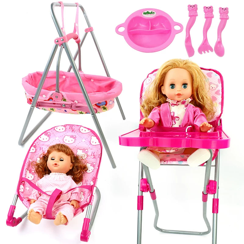 Doll High Chair and Rocker Playset with Baby Doll for Kids