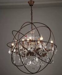 Industrial Globe Chandelier with Crystal Accents for Bar, Cafe, or Living Room