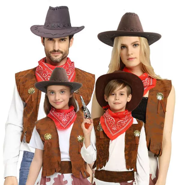 Halloween Western Cowboy Vest, Hat, and Bandana Cosplay Costume for Adults and Kids