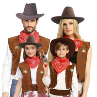 Halloween Western Cowboy Vest, Hat, and Bandana Cosplay Costume for Adults and Kids
