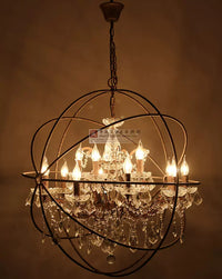 Industrial Globe Chandelier with Crystal Accents for Bar, Cafe, or Living Room