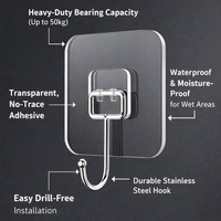 Heavy Duty Adhesive Hooks for Kitchen , No Drill Wall Stainless Steel, Sticky for Coat Towel, Acrylic Damage Hanging Organizer