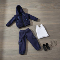 1/12 Scale Male Figure Outfit Functional Zipper 1/12 Scale Figure Clothes Textile Miniature Hoodie and Cargo Pants Set for Photography