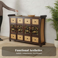 Southeast Asian design Carved Rattan Door Sideboard Vintage Look Carved Multi-Drawer Chest Easy Assembly Storage Cabinet for Interior Decorators, Homeowners, Renters, Living Room, Entryway, Hallway, Bedroom