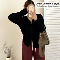 Knitted Cardigan for Women with Double Zipper Closure and Hooded Design, Ribbed Knit for Autumn and Fall Season, Comfortable Fit