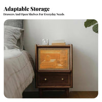 Japanese design Single-Drawer Rattan Nightstand Space-Saving Narrow Design Bedside Table Minimalist Aesthetic Household Furniture sturdy Wood Legs for Apartment Dwellers, Homeowners, Students, Bedroom, Small Spaces, Living Room, Hallway