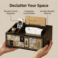 Square Tissue Box Cover with Compartments, Wooden Tissue Box Holder, MDF Desk Storage Organiser for Remote Controls, 26x16.5x13cm Vintage Design