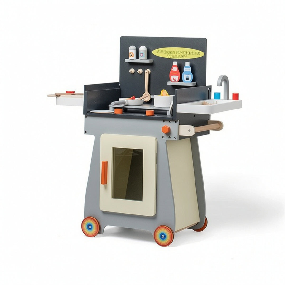Toy Grill Cart Freestanding Kitchen Trolley Toy Educational Play Kitchen with Grill for Kids, Daycare, Classroom