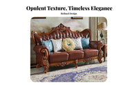 Ornate Carved Couch Set sturdy Wood Frame Multi-Piece Upholstered Couch Genuine Leather Upholstery Living Room Furniture for Villa, Hotel Lobby, Office