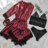Women's Lace Pajama Set with Robe and Shorts, 4-Piece Sleepwear Loungewear