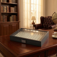 Ebony-Grain Pen Display Box with Clear Lid Multi-Slot Pen Display Box Non-Slip Elegant for Collectors, Desk Organization, Office, Showcase Shelf