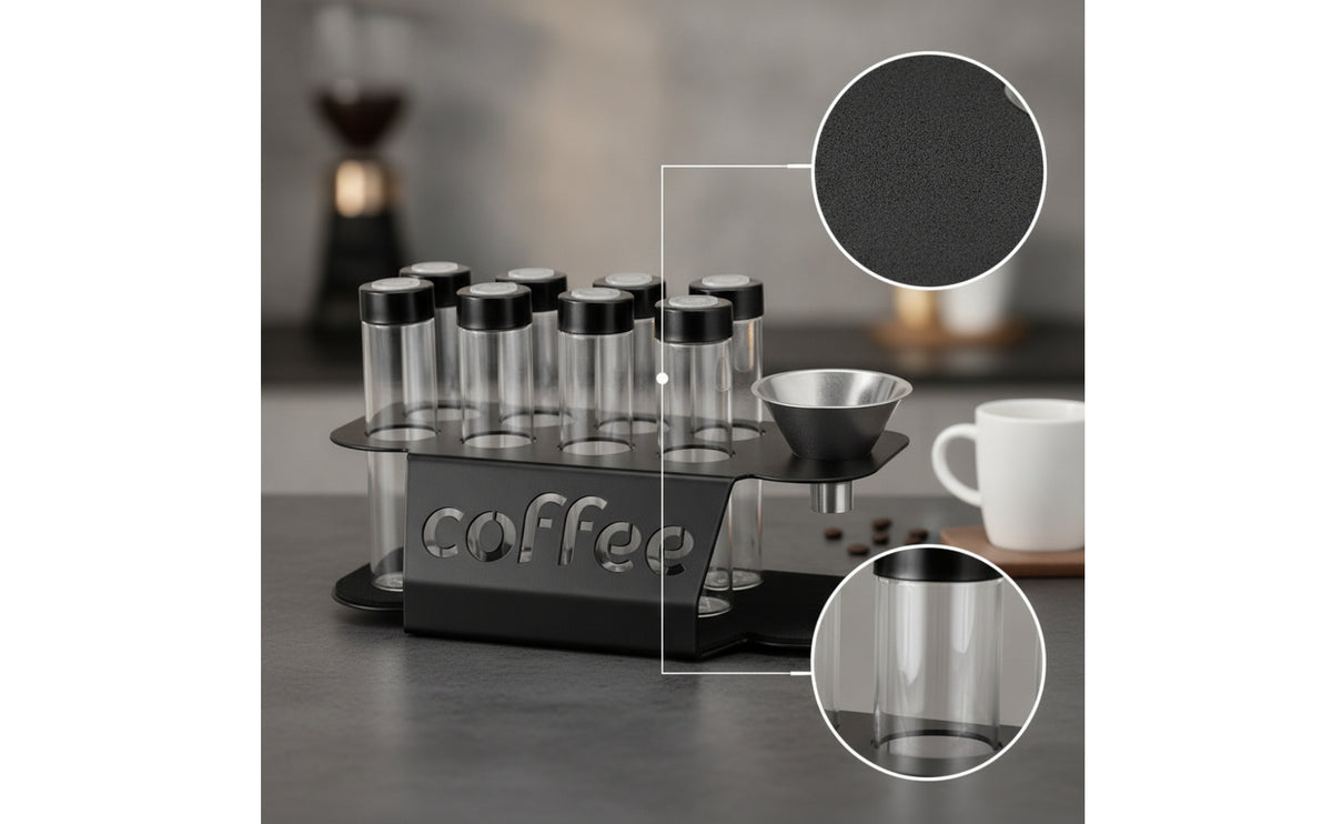 Countertop Coffee Bean Display Rack Metal Coffee Bean Rack with Glass Jars Sealed Stand Space-Saving for Kitchen