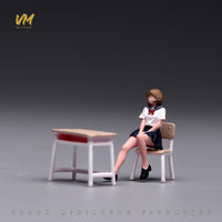 VM 1/64 School Uniform Short Hair Girl Miniature Figure with Desk and Chair Set for Classroom Scene