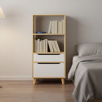 Small Footprint Slim Bookcase Solid Wood Legs Tall Wooden Storage Unit Nordic Design Narrow Bookshelf with Drawer for Home Office