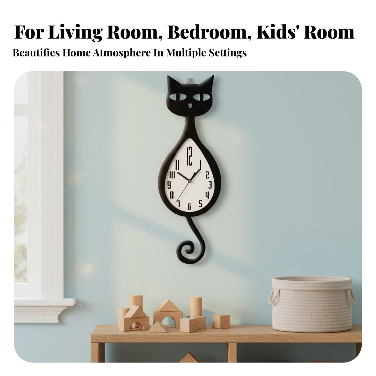 Cat Shaped Wall Clock Decorative Swinging Tail Cat Clock Battery Operated House Decoration for Kids, Bedroom, Living Room, Nursery