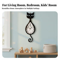 Cat Shaped Wall Clock Decorative Swinging Tail Cat Clock Battery Operated House Decoration for Kids, Bedroom, Living Room, Nursery