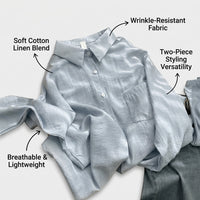 Women Beach Cover Up Linen Shirt Two Piece Set for Travel Outfit, Long Sleeve Sun Protection with Pleated Design, Blended Summer Wear