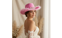 Pink Cowboy Hat with Feather Trim Rhinestone Cowgirl Hat with Feathers Felt-Like Wide-Brim for Bride, Women, Girls Night Out