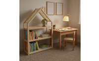 Playful Design House Shaped Bookshelf Solid Wood Wooden Kids Bookcase Floor Standing Nursery Storage Organizer for Toddlers, Playroom