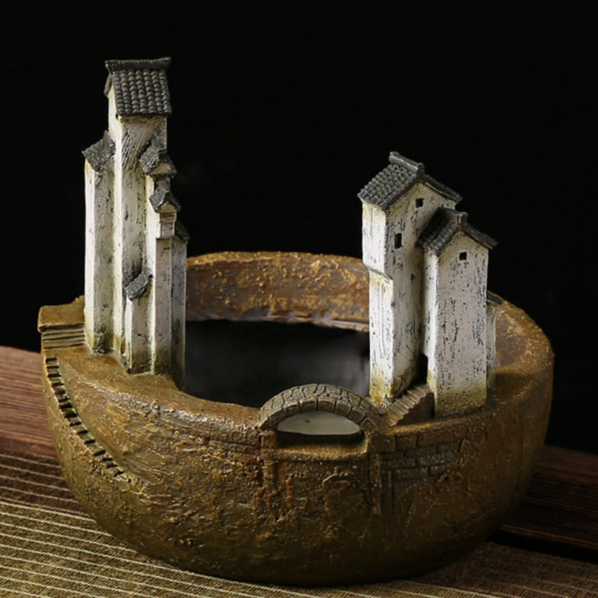 Retro Vintage Look Jiangnan Design Aquatic Creatures Bowl Oriental Themed Resin Landscape Bowl Handmade Craft Chinese Village Planter No Drain Hole for Desktop, Living Room, Office, Tea Table