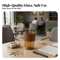 Gift Idea Bamboo Joint Glass Cup Food Grade Materials Leather Sleeve Glass Cup Spill-Resistant for Office Workers, Adults, Home, Travel, Car