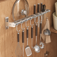 Kitchen Wall Rack, Silver Alloy Double Rod Utensil Rail with Movable Hooks, Wall Mounted Utensil Holder for Pots & Lids
