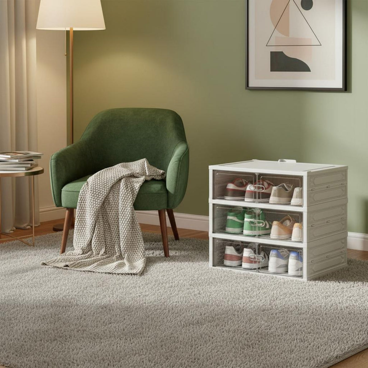 Folding Shoe Storage Box Foldable Design Stackable Shoe Organizer Installation for Entryway, Closet, Bedroom