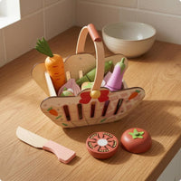 Rounded Edges Wooden Food Cutting Toy Brightly Colored Sliceable Fruit and Vegetable Set for Children, Pretend Kitchen Play