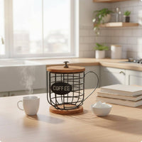 Mug-Shaped Storage Holder Wood Base Coffee Cup Basket Metal Mug Stand Decorative Coffee Pod Basket Space Saving
