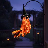 Specter with Witch Hat and Broom Festive Light up Hanging Specter Lighted Halloween Ornament for Porch, Yard, Spooky Dwelling