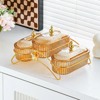 Elegant Design Snack Dish Set with Metal Stand Food-Grade Material Lidded Fruit and Nut Serving Platter Gold Accents Compartment Snack Platter Dustproof for Hotels, Parties, Holiday Gatherings, Living Room, Weddings
