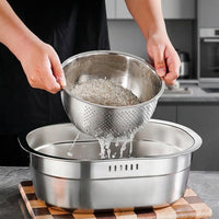 Rice Washer and Strainer Bowl Set, Stainless Steel Oval Washing Basin and Deepened Flat Bottom Rice Strainer for Pasta Spaghetti, 2 Piece Kit