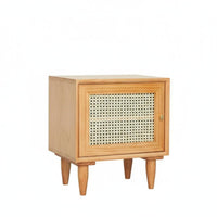 Nordic aesthetic Single-Drawer Woven Table minimalist contemporary Design Nightstand Rattan Weave Accent Bedside Cabinet Natural Wood Finish for Boho Decor lovers, Apartment Dwellers, Homeowners, Small Spaces, Dorm Room, Hallway, Office