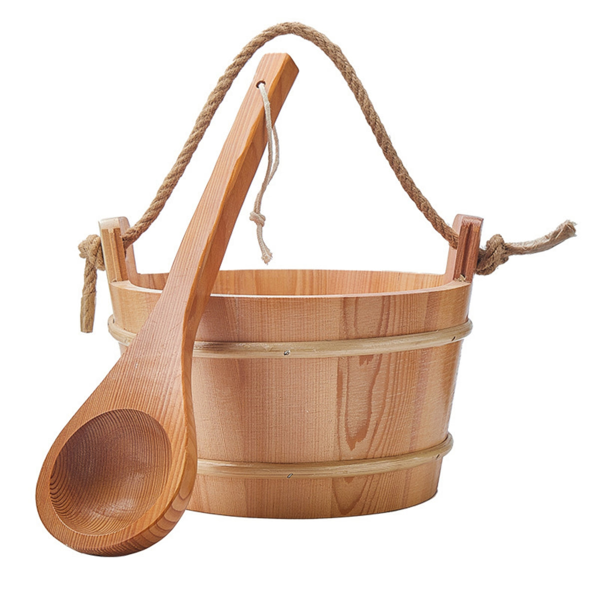 Sauna Bucket with Rope Handles Rustic Wooden Sauna Bucket and Ladle Set Traditional for Spa Professionals, Steam Room, Bathhouse